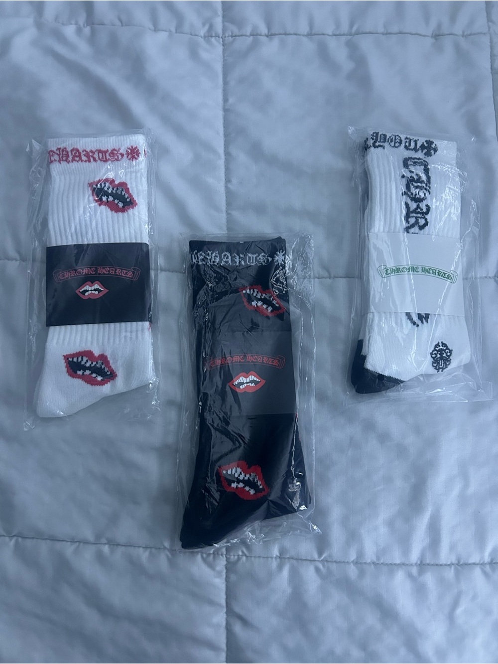 Chrome Hearts Inspired Men's Black & White Crew Socks - Lip Print